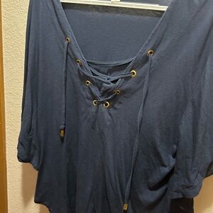 Boston Proper Navy Lace-Up Blouse